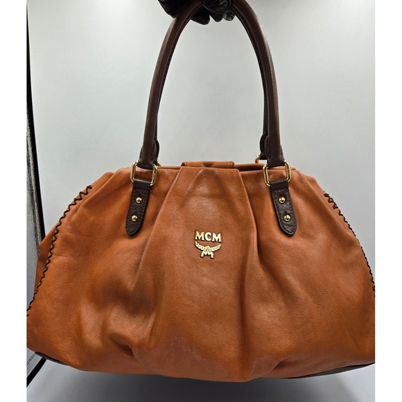 MCM Leather Satchel Handbag Purse Cognac Brown Top Handle Designer Bag - Picture 16 of 16